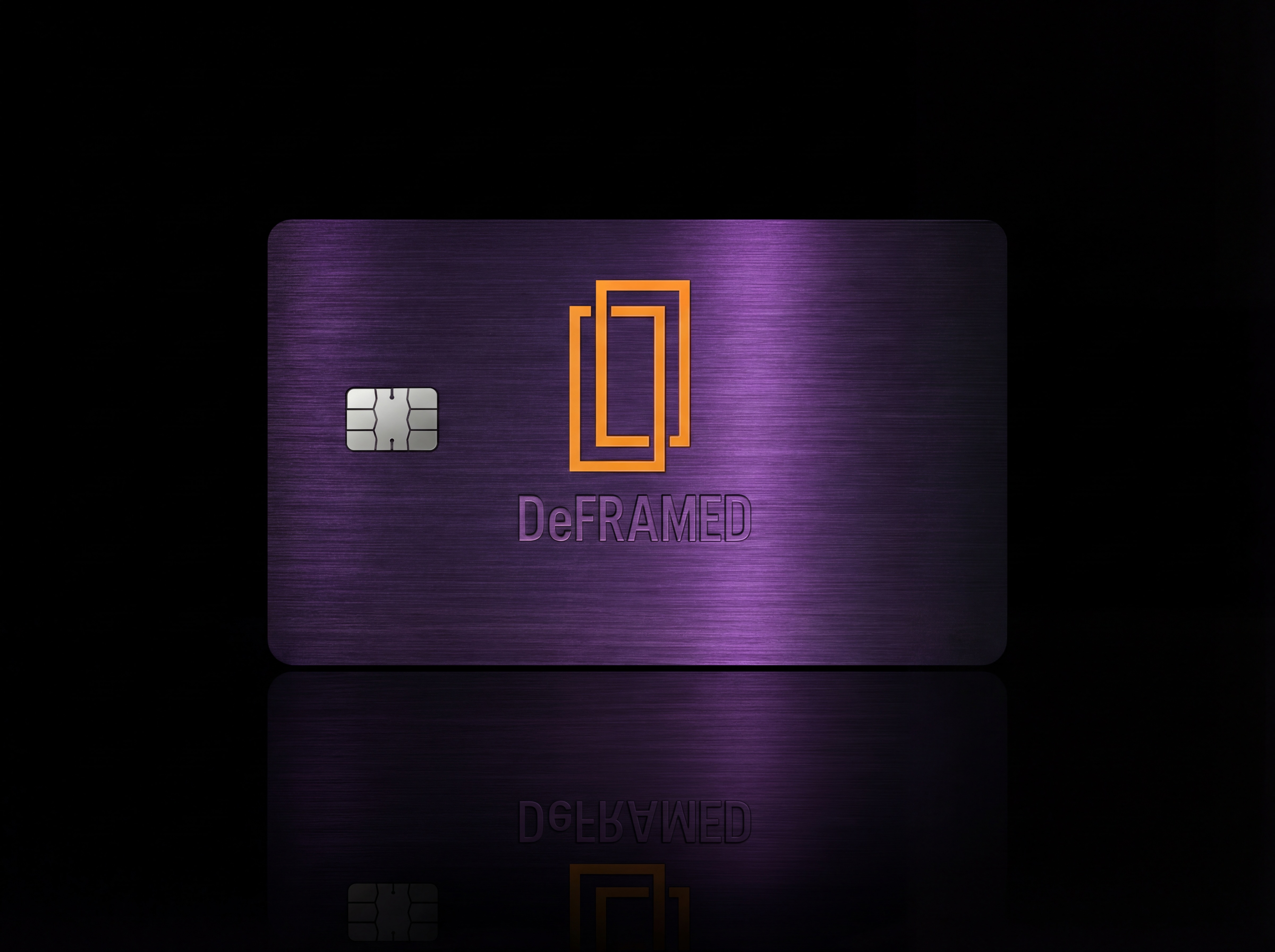 Purple brushed metal DeFRAMED card with orange logo variant