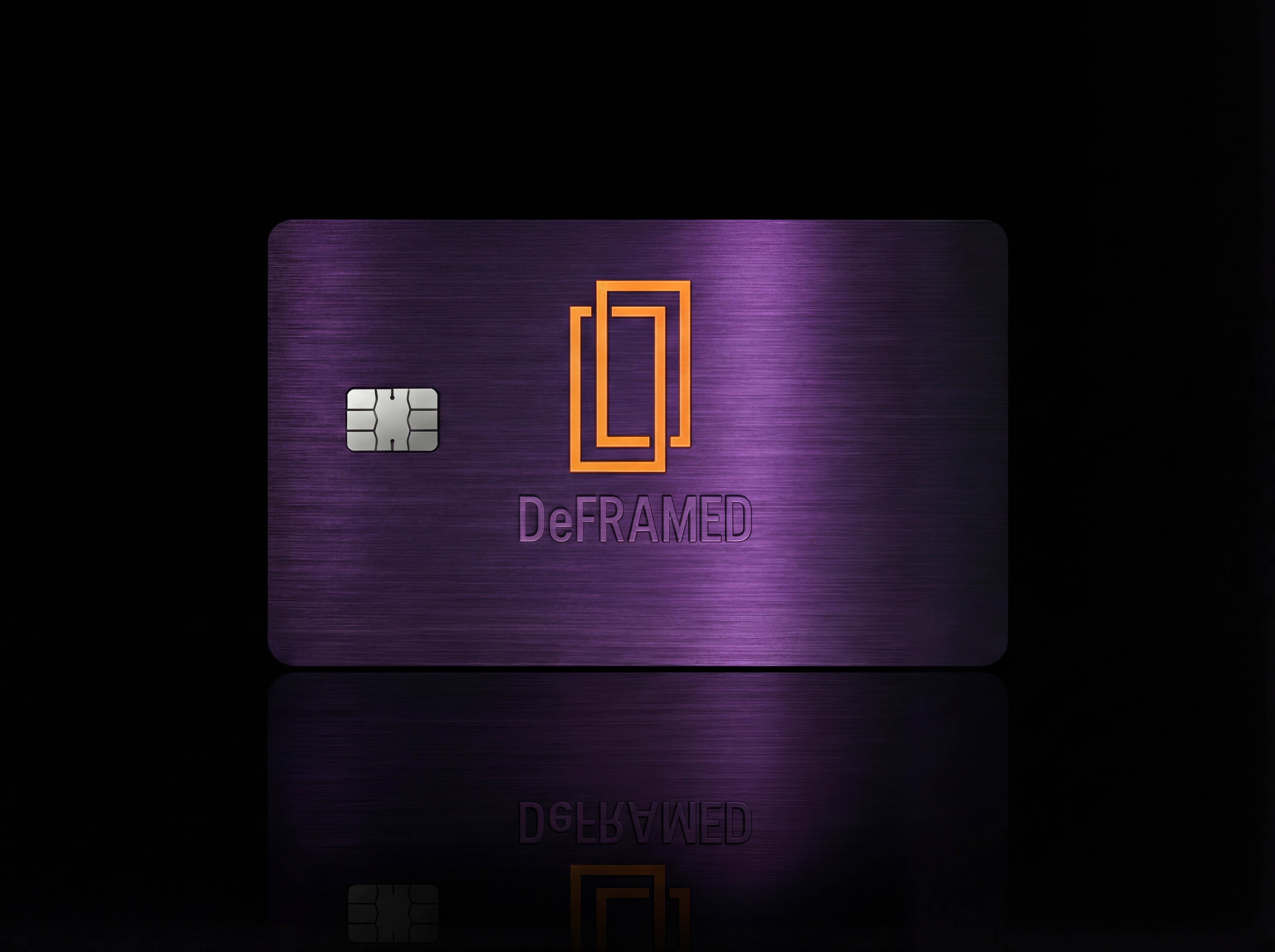 Purple brushed metal DeFRAMED card with orange logo